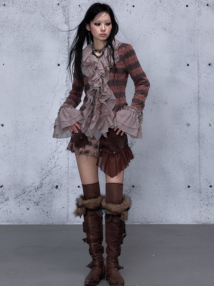 Cascading Trim Bell Top Flounced Ruffle - Cuffs Pink Dusty Striped Sleeve