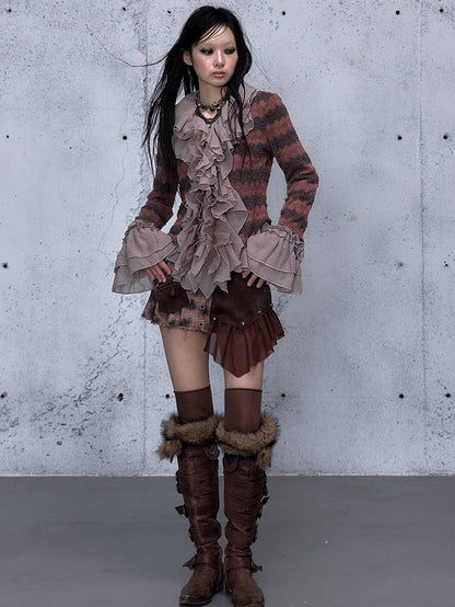 Cascading Trim Bell Top Flounced Ruffle - Cuffs Pink Dusty Striped Sleeve