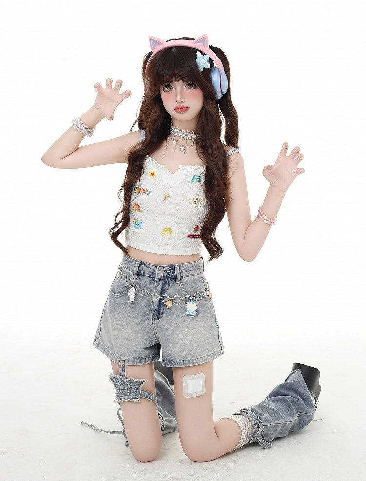 Y2K Butterfly Flared Beinwärmer Hellblaue Jeansshorts mit abnehmbarem Strumpfband