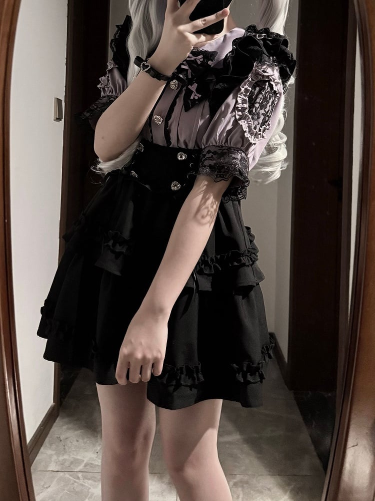 Set Schnür-Overall Rock Jirai Taille Kei Lila Peter Pan Kragen Bluse mit Schwarz