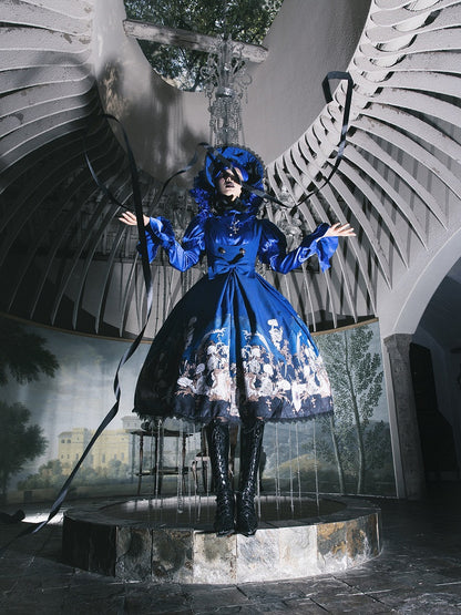 Blue Skeleton Cross Print Under Bust Gothic Lolita Dress with Black Lace Trim - NnSTAR