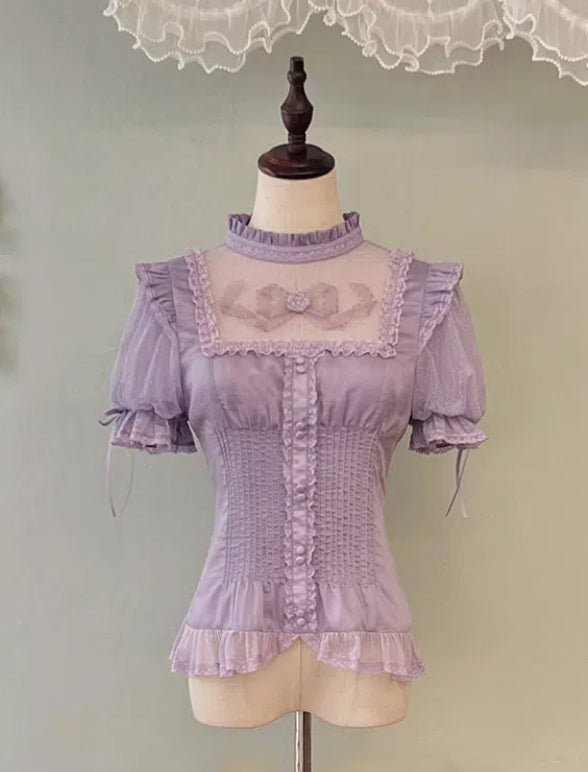 フリルネックライン袖付きシャツ パープル ショート丈 取り外し可能