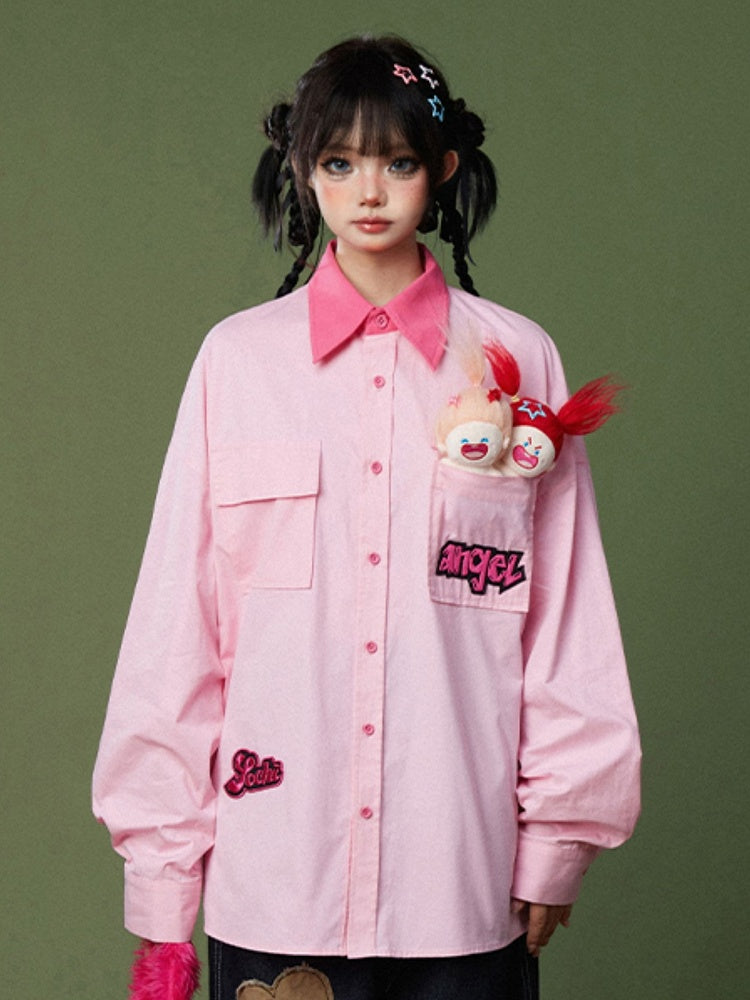 Collar Shirt with Letter Embroidered Patches Contrast Pink