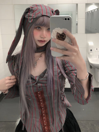 Red Chin Striped Strap Hat Ear Bunny with Grey