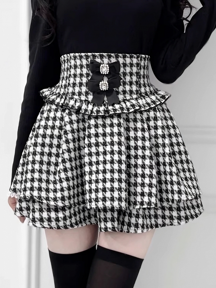 Double Sweet with Bows Houndstooth Kei Jirai Edgy Layers Black Detachable Skirt: Tweed
