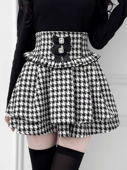 Double Sweet with Bows Houndstooth Kei Jirai Edgy Layers Black Detachable Skirt: Tweed