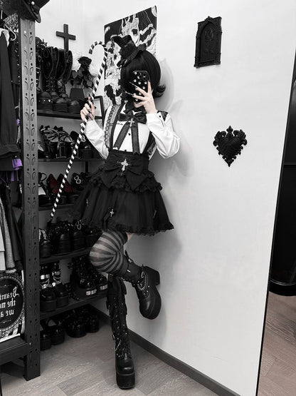 Bow + Tulle Black Jirai Skirt Kei Shirt Cross White Lace Set