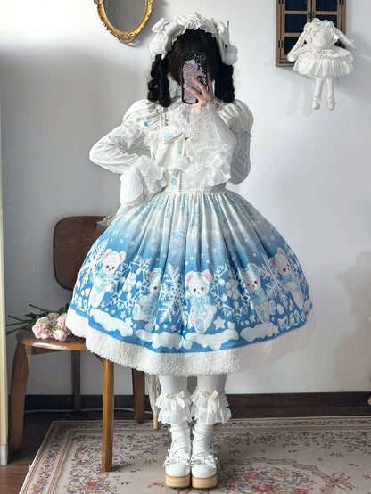 Süßes Lolita-Kleid mit Teddy- und Schneeflocken-Muster und Winterfleece-Saum