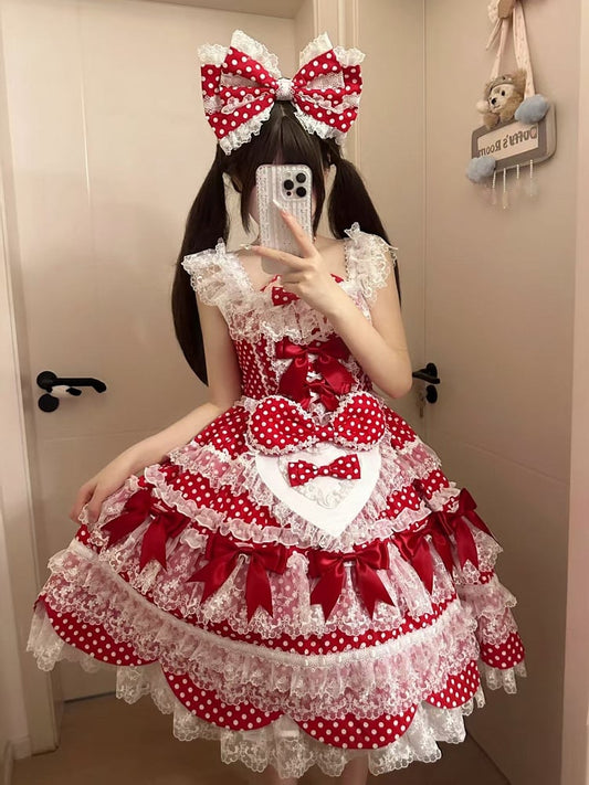 Polka Lolita Kleid Rock Muster Akzente Schleife Schule Alte Punkte Roter Pullover