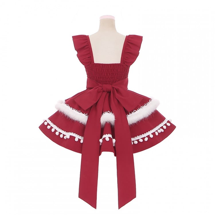Christmas Red Princess Basque Waist Jumper Skirt with Festive White Plush Trim
