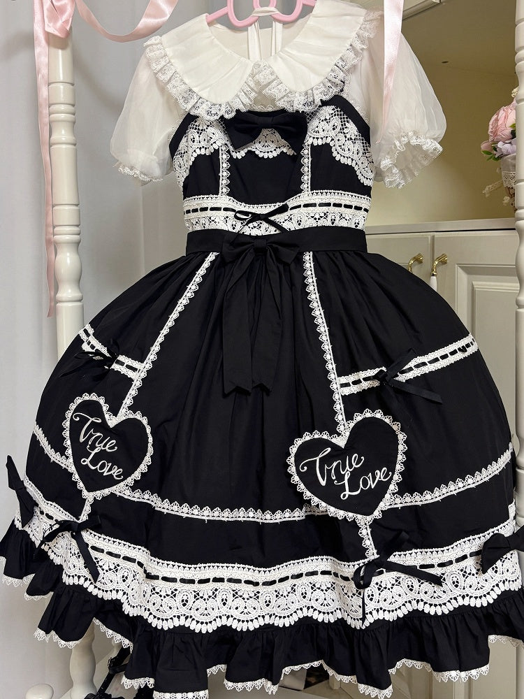 Sweetheart Rock Baumwolle Applikation Weiß und Alt Schwarz Pullover Lolita Kleid Schule