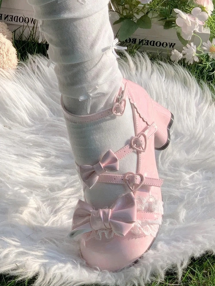 Heart - Sweet Design Mary Pink Kitten Lolita Mid-Heel Heel Janes Crisscross Snap with