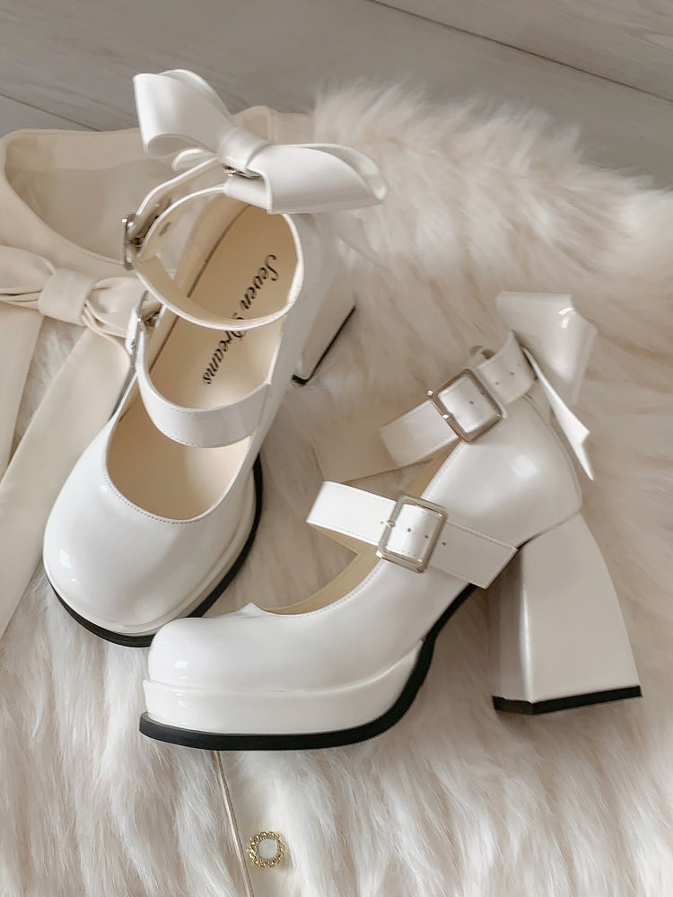 White Lolita Janes Bow at High Straps Heel Back with Buckle Mary Block