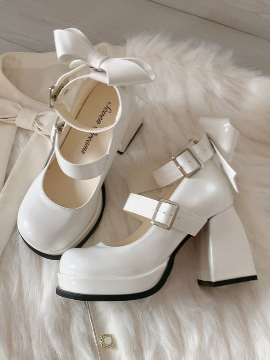 White Lolita Janes Bow at High Straps Heel Back with Buckle Mary Block