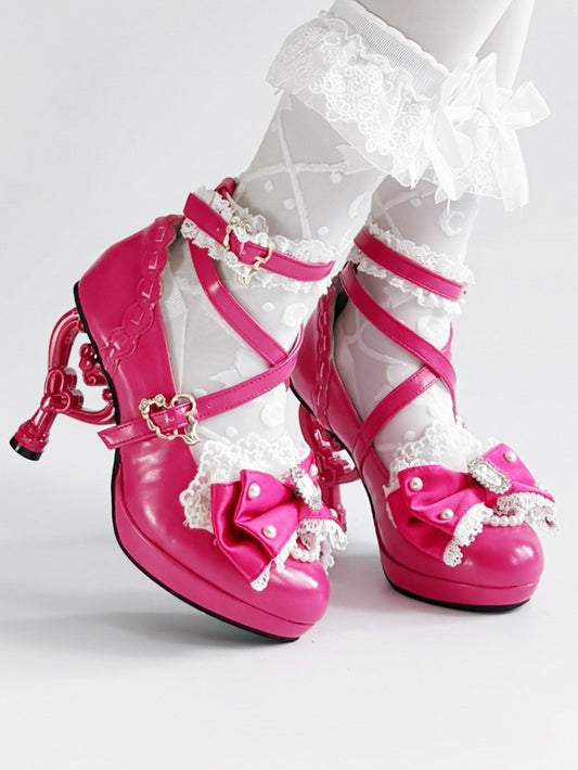 Rose High-heel Pink Crystal Janes Bow Sparkling Lolita Hime Mary with Beads - in