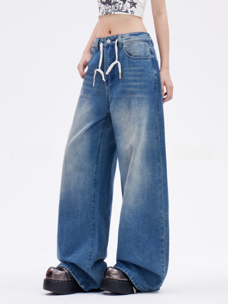 Niedrige Vintage Wide-Leg Jeans Länge Kordelzug Boden Blau Taille