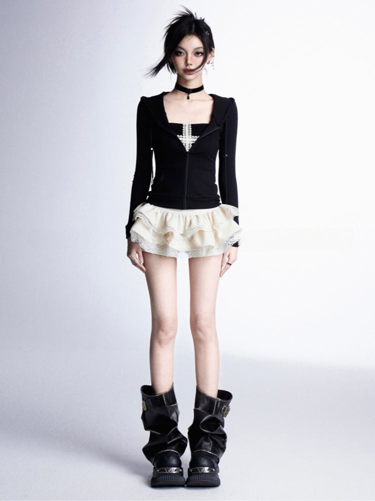 トップス スリムフィット フード付き ジップ開閉 ブラック/グレー/レッド