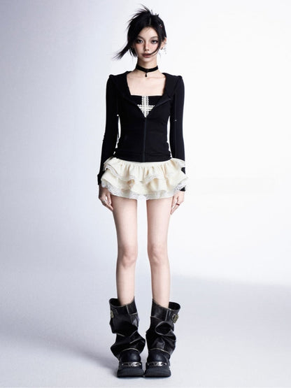 トップス スリムフィット フード付き ジップ開閉 ブラック/グレー/レッド