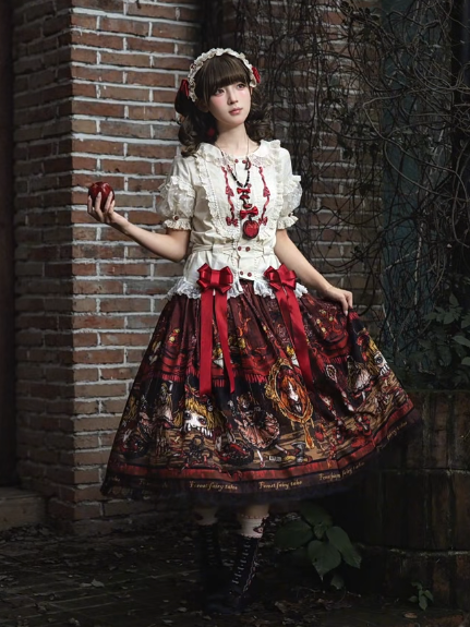 Red Shoes Story Black Red Lace Trimmed Lolita Skirt - Forest Fairy Tales