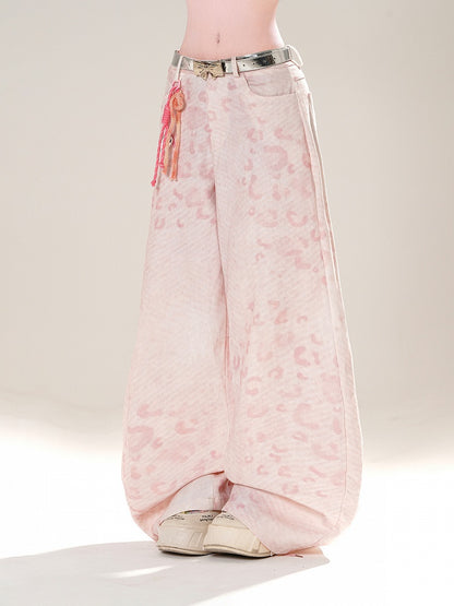 Rosa Jeans mit Leopardenmuster und weitem Bein und niedriger Taille von Gyaru