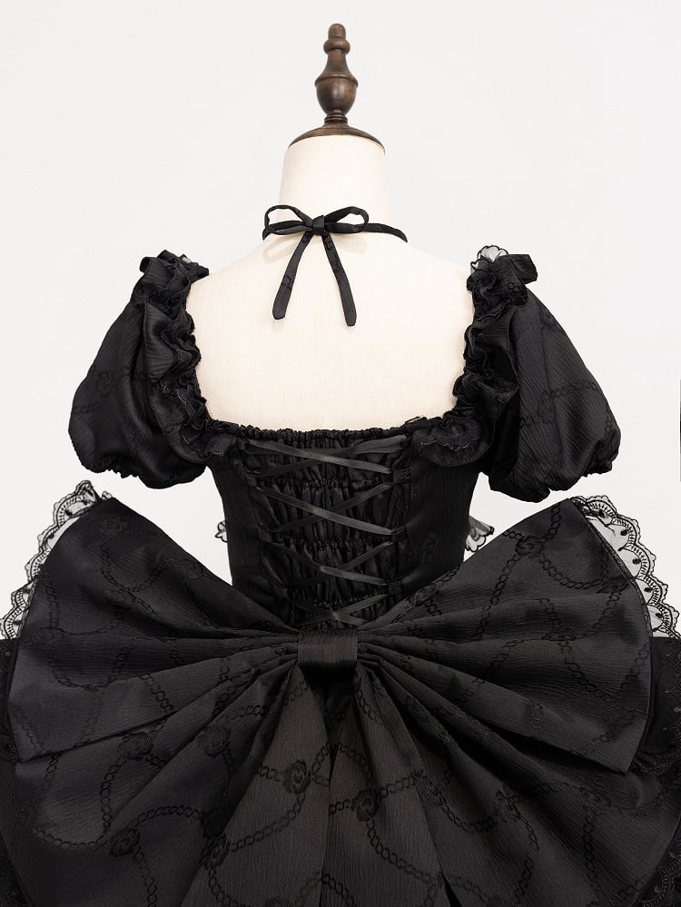 Schwarze Prinzessinnen-Taille am Lolita-Rückenkleid mit Schleifenkorsett, großem OP-Rock und Rüschen