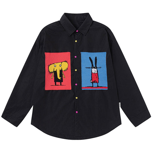 Black Cartoon Animal Appliques Shirt