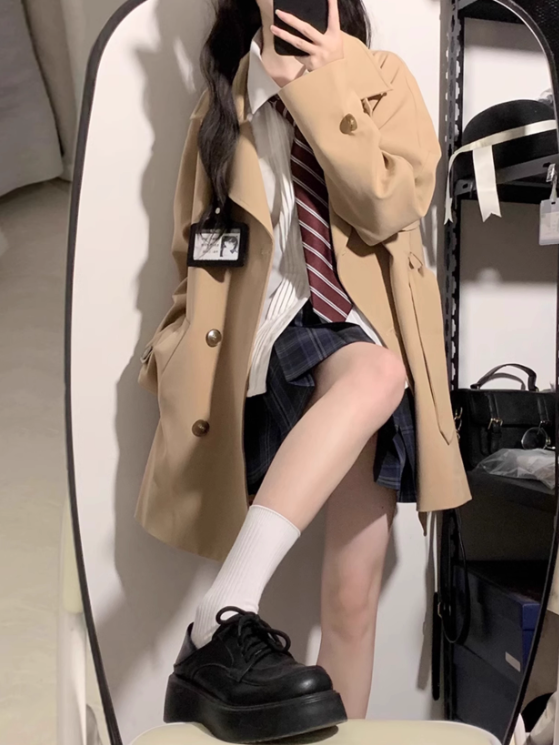 Taille JK Mantel Gürtel Uniform Graben Schwarz/Khaki Mit