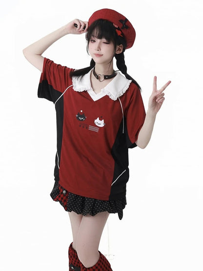 Red and Black Colorblock Pointed Flat Collar Kitten Print Blokette Core T-shirt Cute