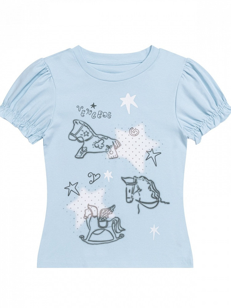 Blue Puff Sleeve Crew Neck Top with Rocking Horse Print - Languid Park