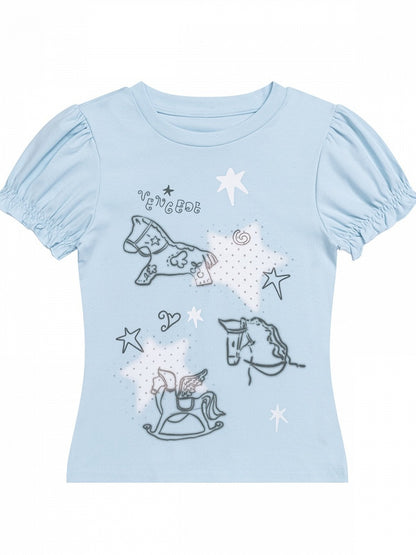 Blue Puff Sleeve Crew Neck Top with Rocking Horse Print - Languid Park