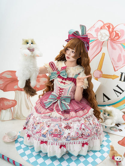 Pink & Green Alice Cat Vibes Sweet Lolita Jumper Skirt with Polka-dot Apron - Mewroco