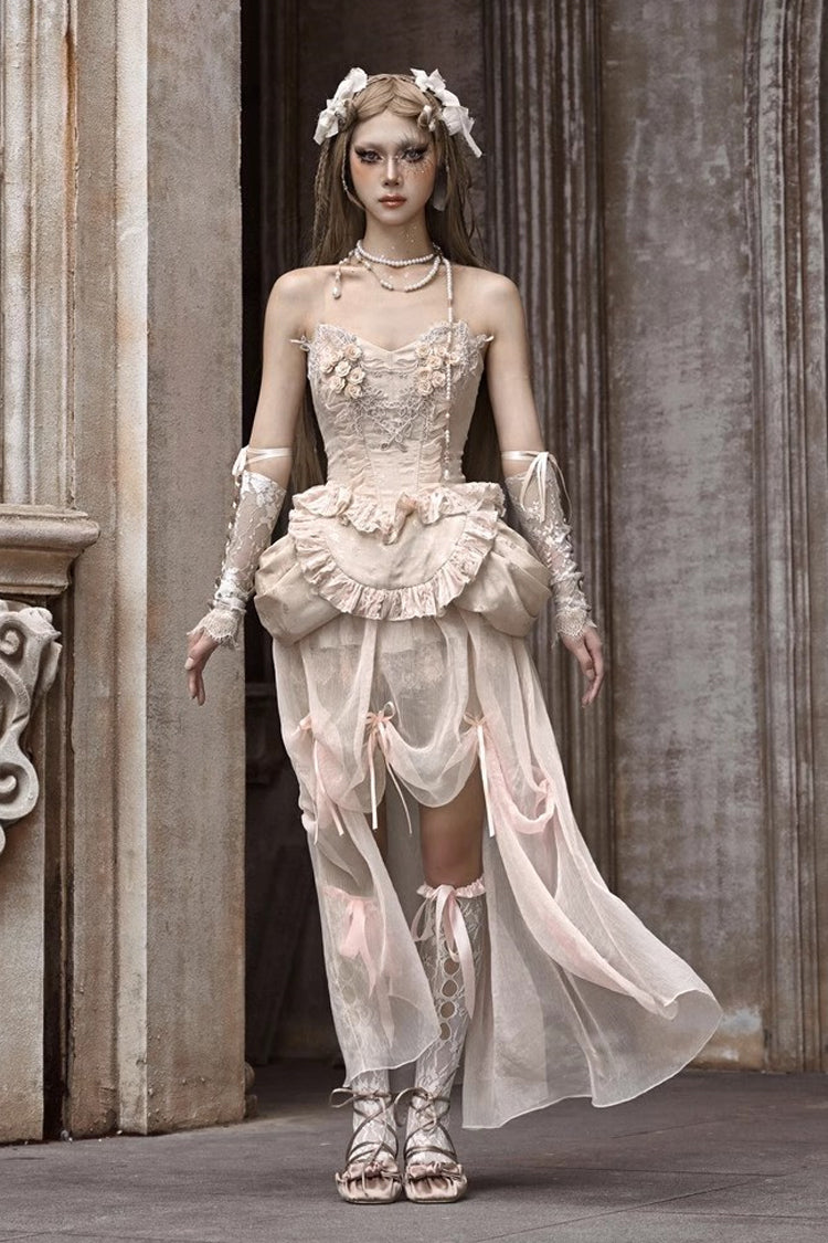 Apricot V-Neck Sleeveless High-Waisted Ruffle Lace Fishbone Corset Skirt Set