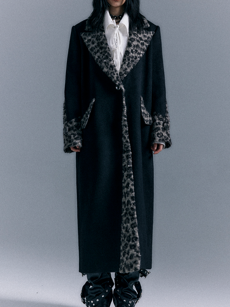 Black Wool Thickened Coat with Vintage Leopard Accents