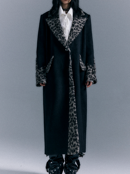 Black Wool Thickened Coat with Vintage Leopard Accents