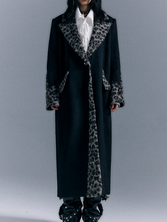 Black Wool Thickened Coat with Vintage Leopard Accents