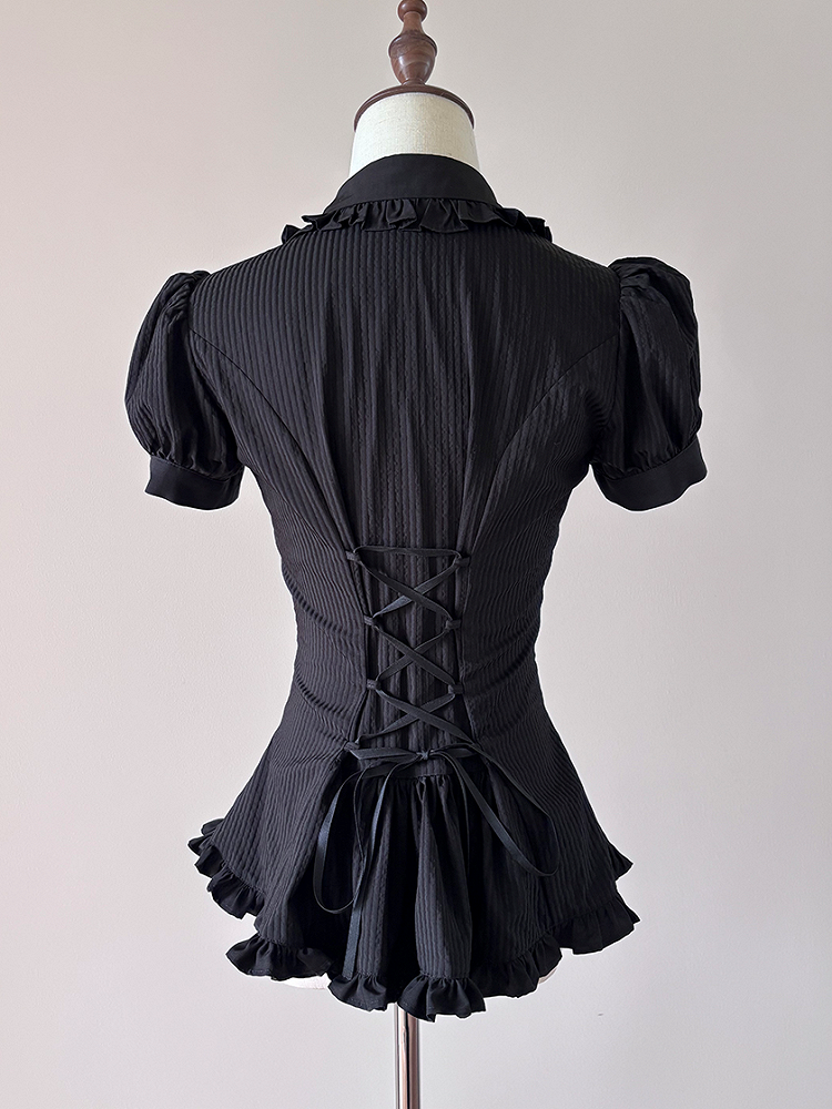 Black Neckline Lolita Sleeves Blouse Ruffle Gothic Stripe Puff and