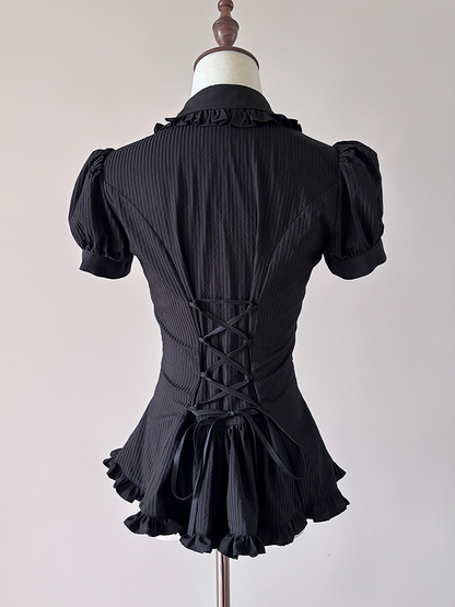 Black Neckline Lolita Sleeves Blouse Ruffle Gothic Stripe Puff and