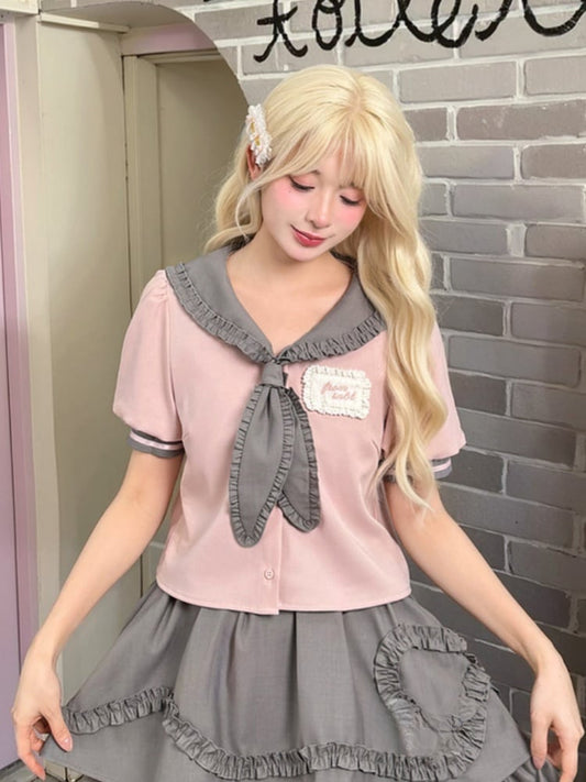 and Gray Blouse Preppy Pink Ruffled Sailor Collar Puff Sleeves  Style