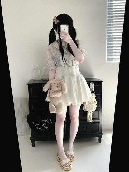 Bunny Ear Bow Collar Blouse, Short Sleeve, Pink & White Print - Kitty Bxllet