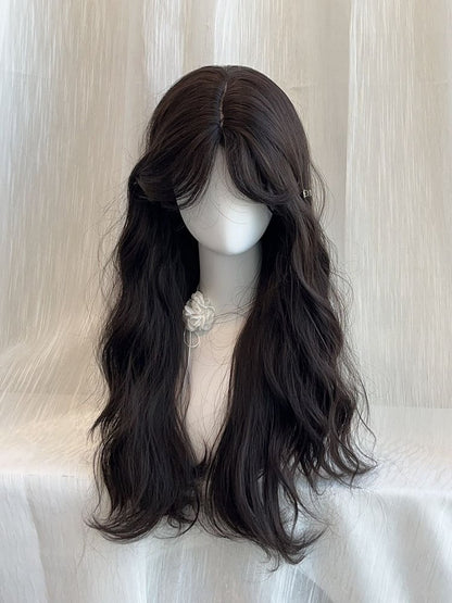 Wig Long 65CM Tea Curtain with Wavy Bangs Black