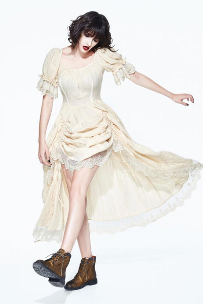 Creamy White Punk Victorian Drawstring Embroidered Lace Dress for Women