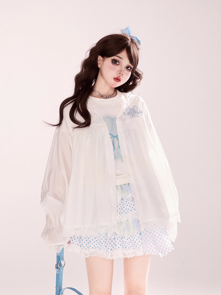 Print White Round Neck Slim-fitting Pearl T-shirt Seashell and