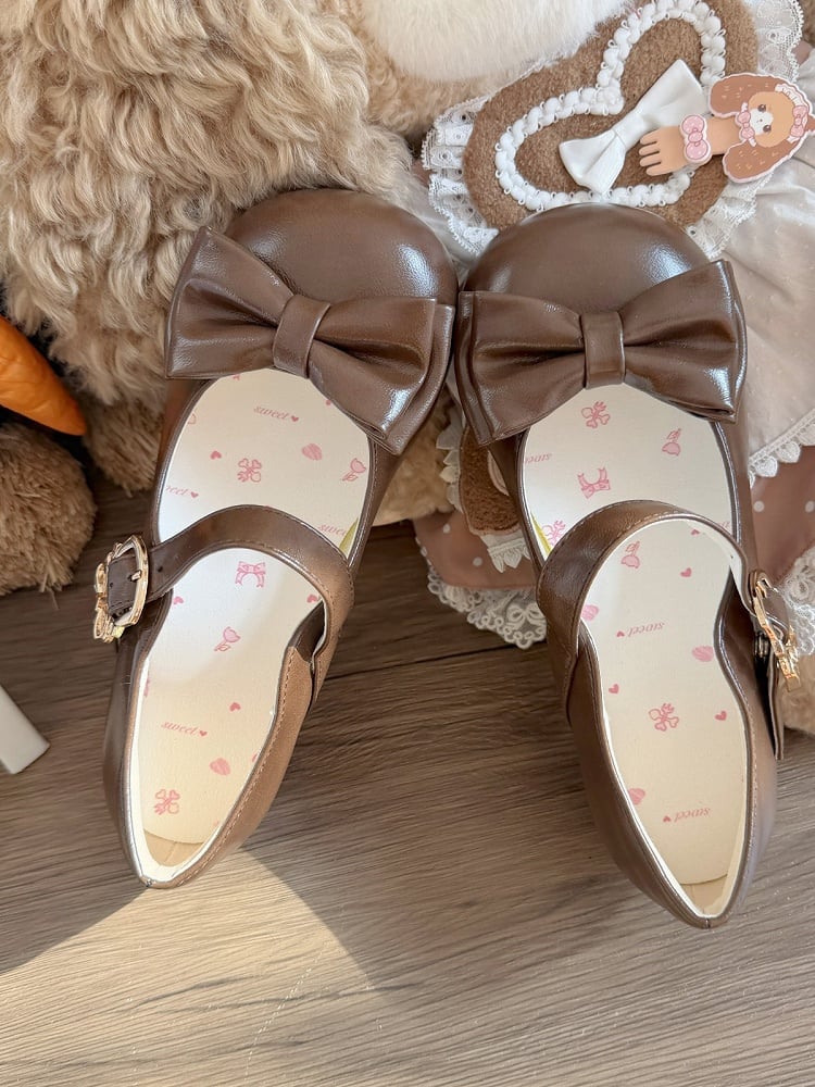 3 Colors Lolita Low Heels Round Toe Shoes with Bow and Metal Buckle Details - Moon Baby Diary