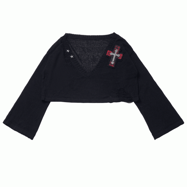 Y2K with Sweater Plaid Decor Gray/Black V-Neck Cross Distressed Holes Knit Grunge