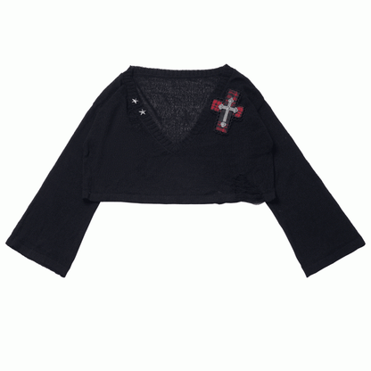 Y2K with Sweater Plaid Decor Gray/Black V-Neck Cross Distressed Holes Knit Grunge