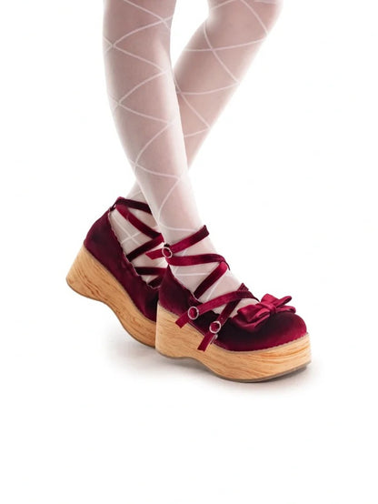 Riemen Mary Crisscross - Plattform Samt Akzente Lolita Schleife Wein Sweet Red Janes