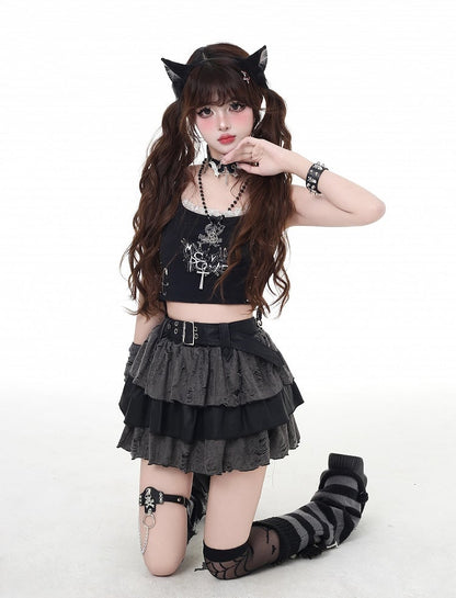 Tiered Skirt Gray Distressed Holes Lined