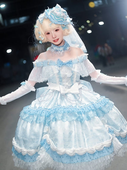 Hime Mini Veil KC Blue Hat Full Off + Cuffs Choker Dress Shoulder Wrist Set Lolita