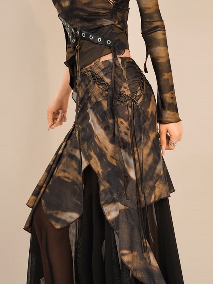Tie-Dye Floor Length Coffee Punk Skirt with Black Mesh Lining
