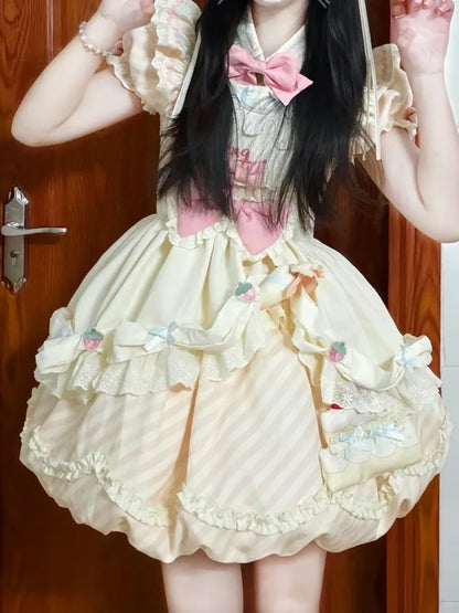 Beige Lolita Pink Apron Decor OP Adorable Puppy and Stripe Cake Dress Bubble Skirt Brooch with